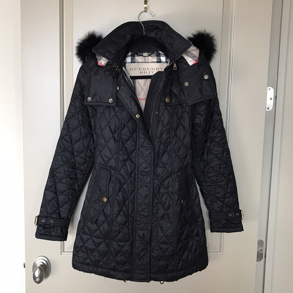 Burberry Brit Diamond Quilted Fox Fur Hood Coat