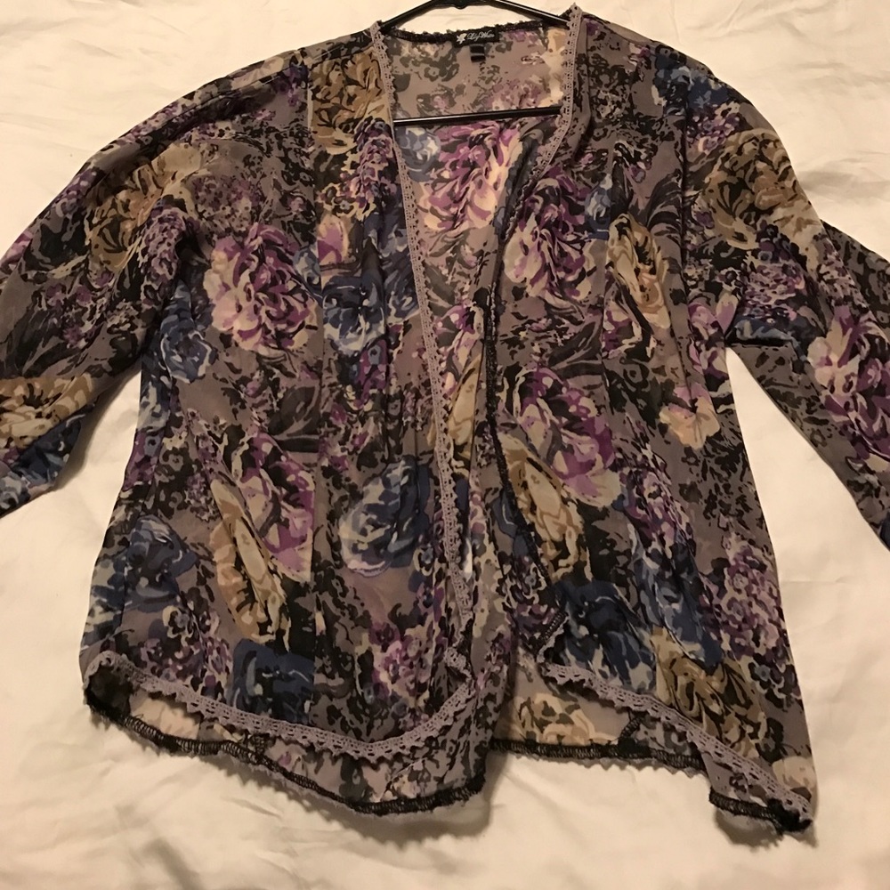 Sheer floral kimono jacket.