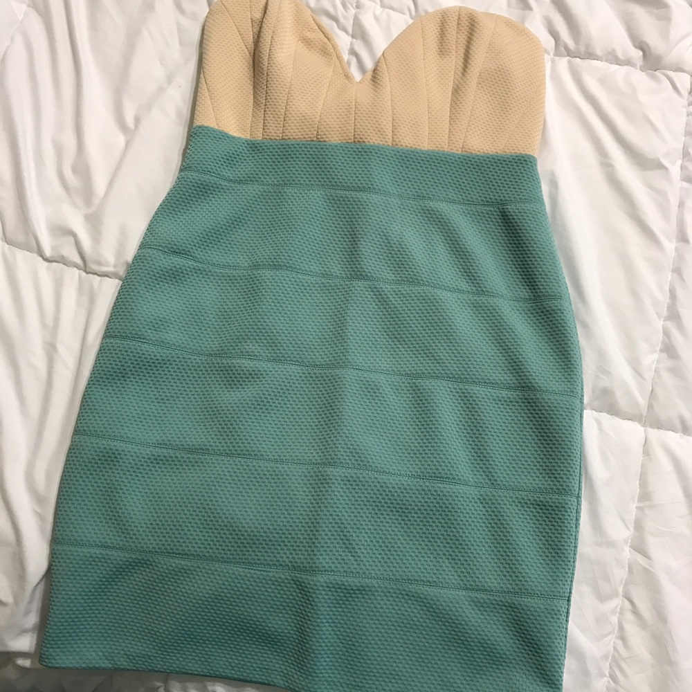 Strapless, teal/cream, deep v dress size M