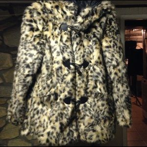Hooded faux fur leopard toggle coat