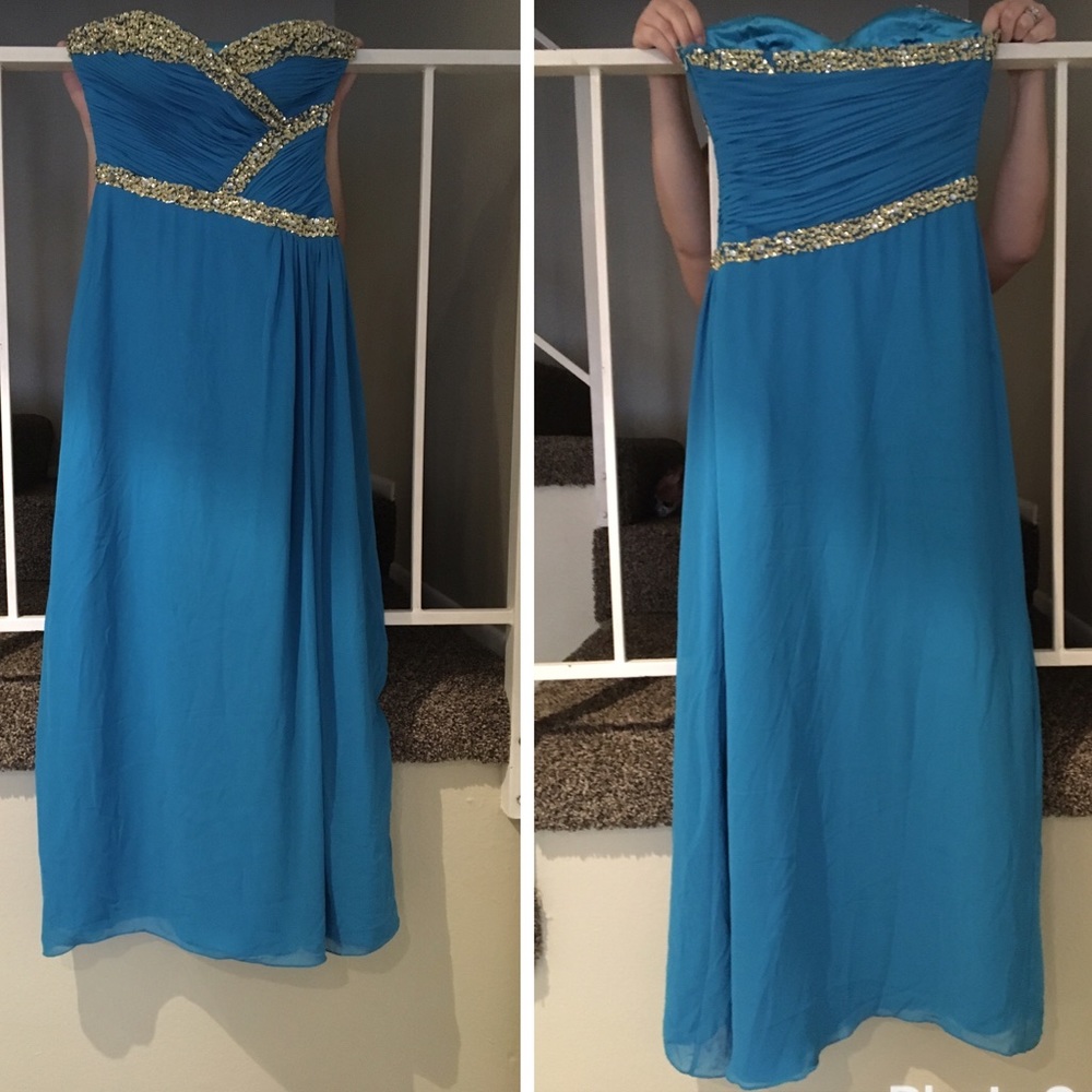 Formal turquoise and gold strapless prom dress