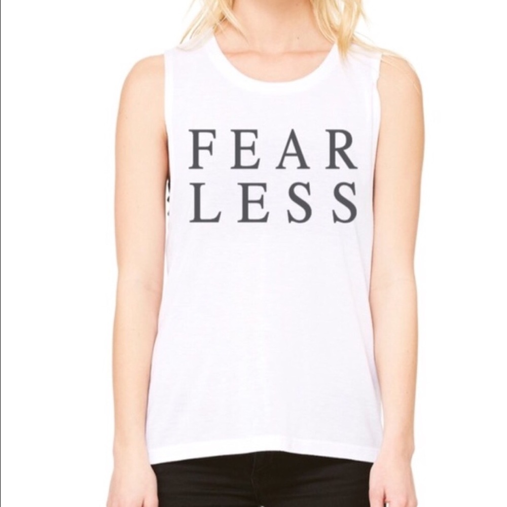 Handmade tank top that says, "FEAR LESS".