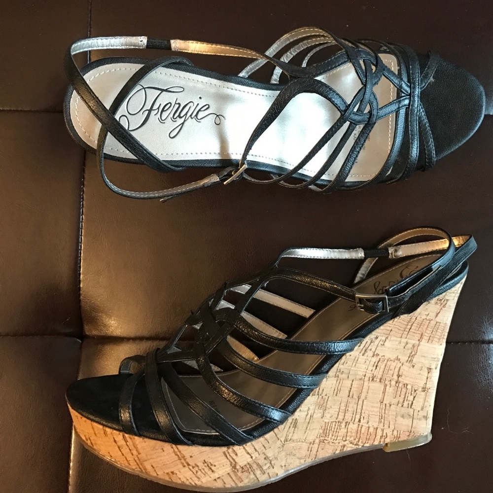 Fergie Black Strappy Wedges
