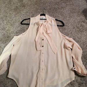 Cream cold shoulder button up, with neck tie