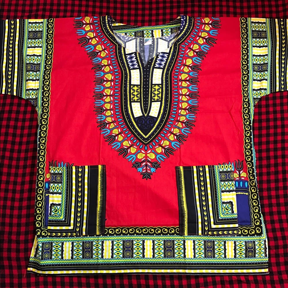 RED UNISEX BRIGHT COLORED AFRICAN DASHIKI COTTON +