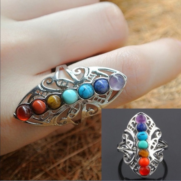 7 Chakras Healing Yoga Silver Adjustable Ring - Picture 2 of 6