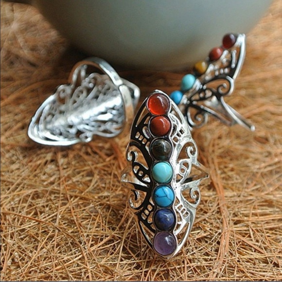 7 Chakras Healing Yoga Silver Adjustable Ring - Picture 3 of 6