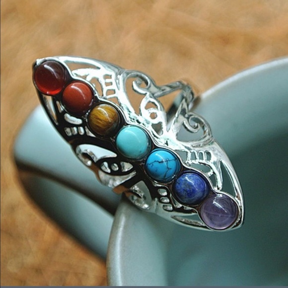 7 Chakras Healing Yoga Silver Adjustable Ring - Picture 4 of 6