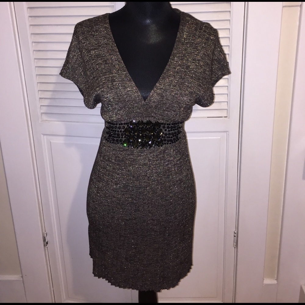Mango Suit Gold Brown Dress w/ Rhinestones Beads