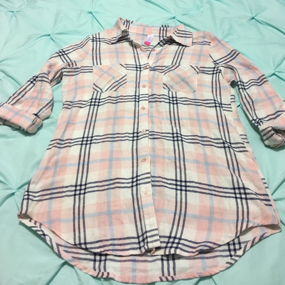 Pink plaid long shirt.