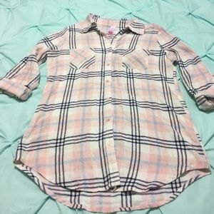 Pink plaid long shirt.