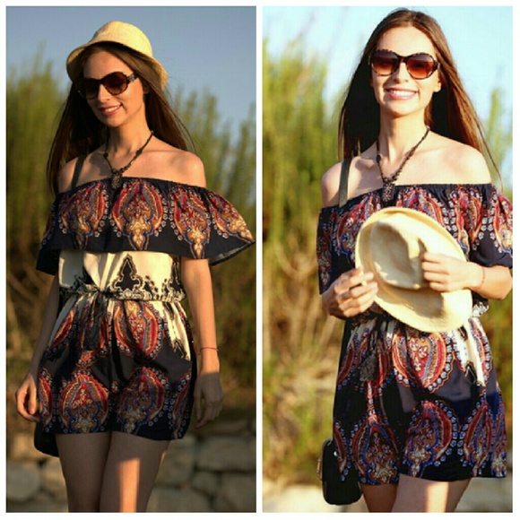 Vintage Print Ruffle Off The Shoulder Romper - Picture 2 of 4