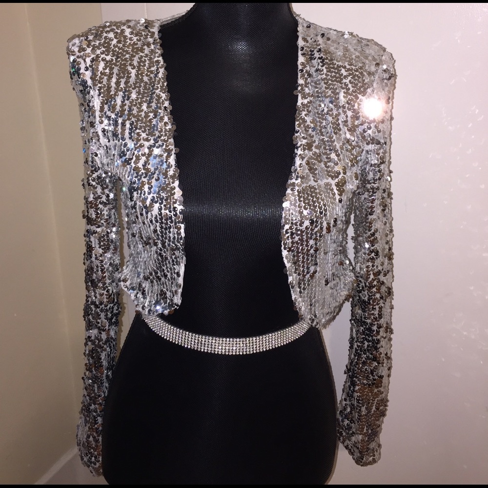 Silver Sequins Party Cropped Blazer Jacket