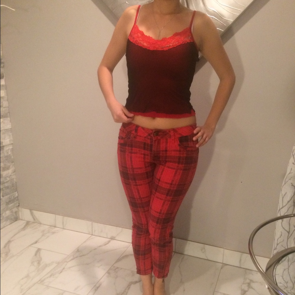 Red and black ankle/crop with ankle zipper