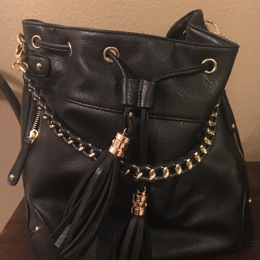 Black Bucket Bag with gold accent chain