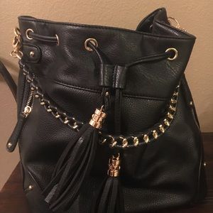 Black Bucket Bag with gold accent chain