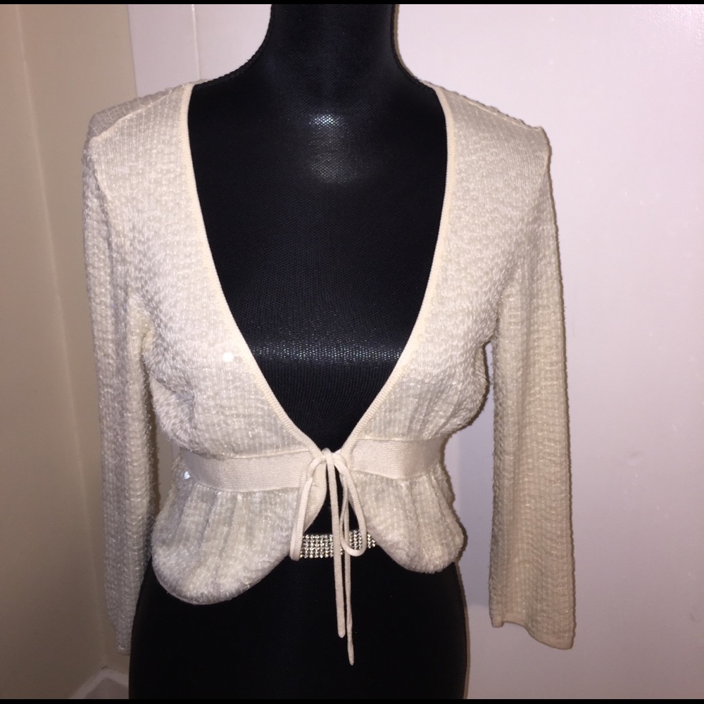 BEBE White Sequin Cropped Silk Cardigan Blazer