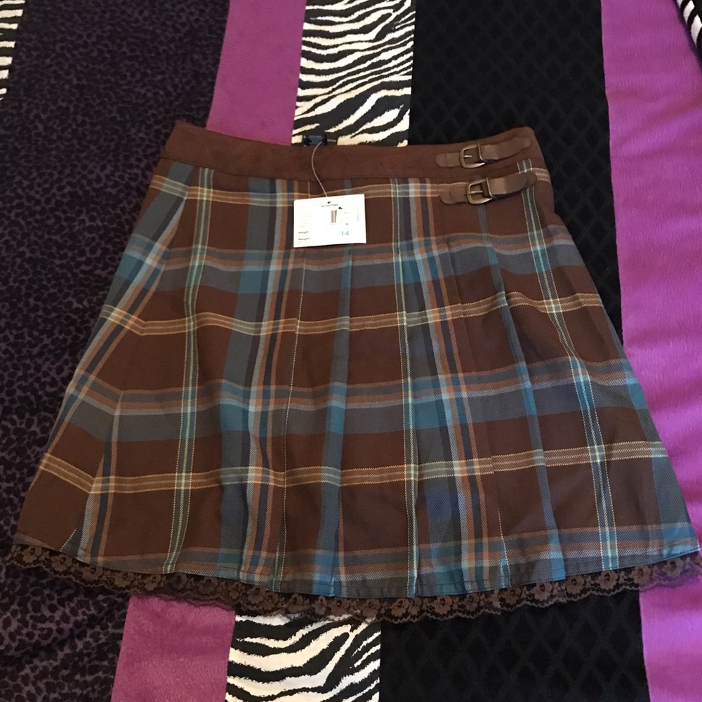 Brown & Turquoise Plaid lace trim skort