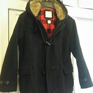 Boys size large hooded tartan lined wool coat.