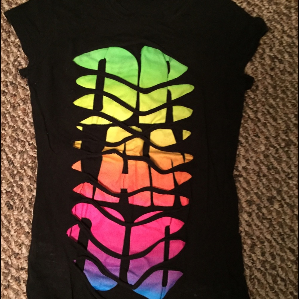 Black t-shirt  with neon print on front.