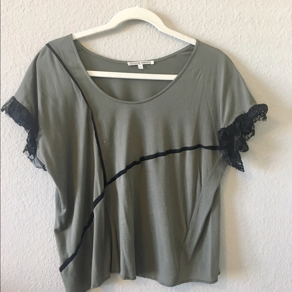 Green top with lace trim
