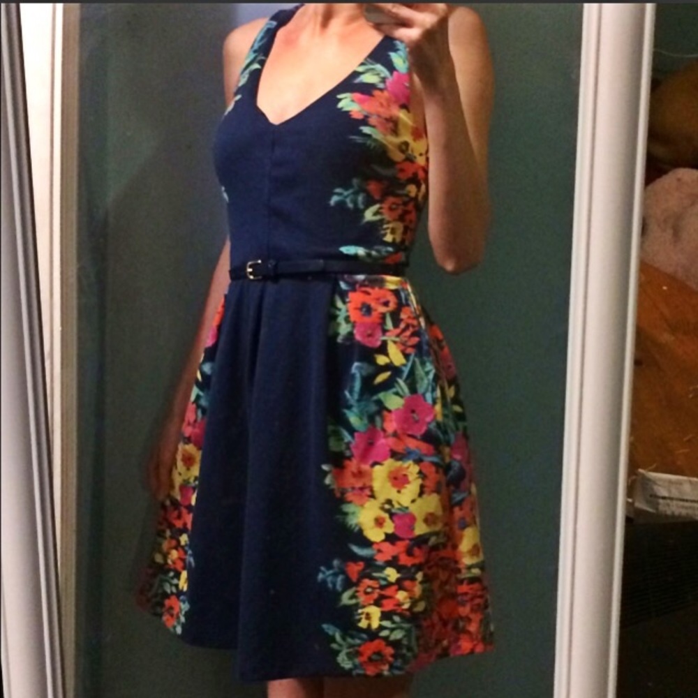 Colorful Belted Navy Blue Summer Dress