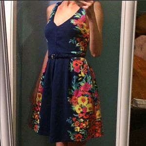 Colorful Belted Navy Blue Summer Dress