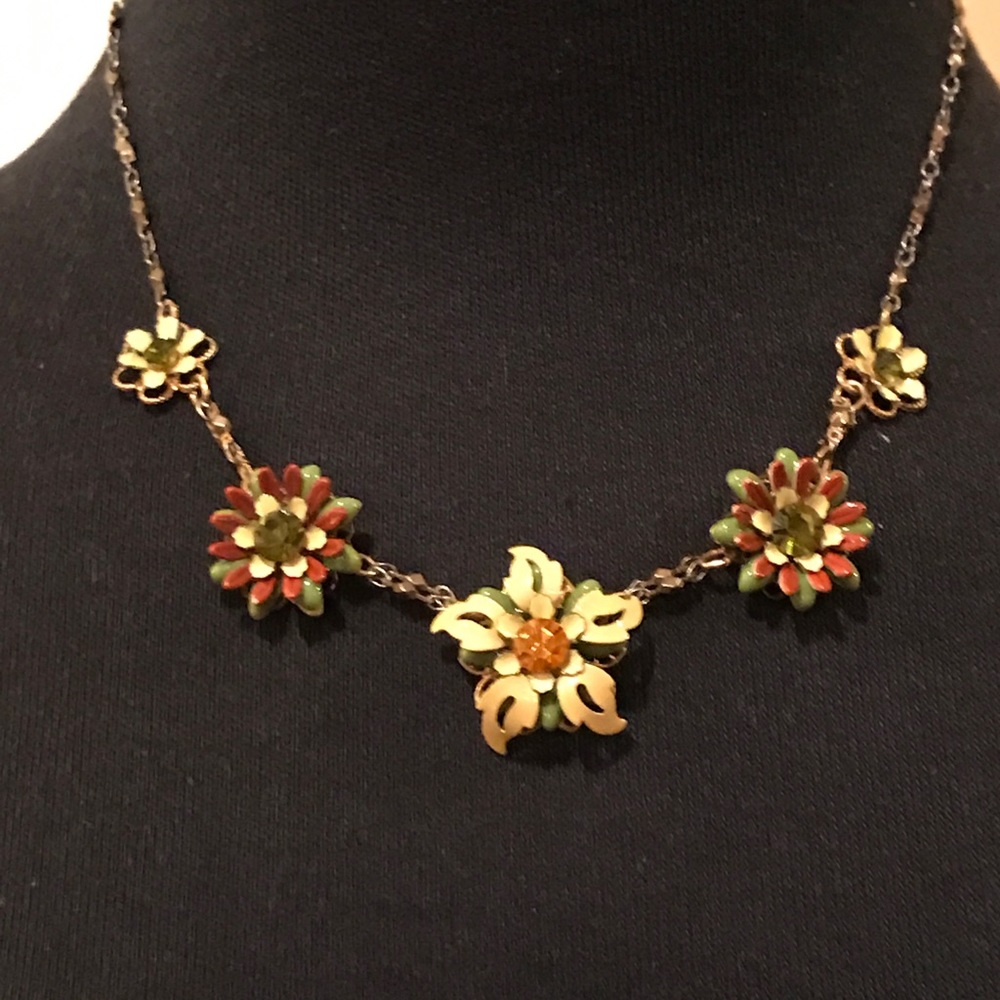 Vintage Enameled Crystal Flower Necklace