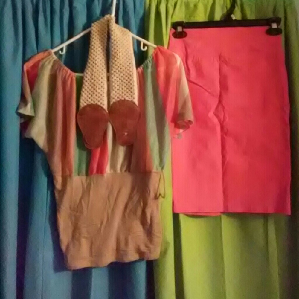 Salmon skirt & mulit colored shirt set