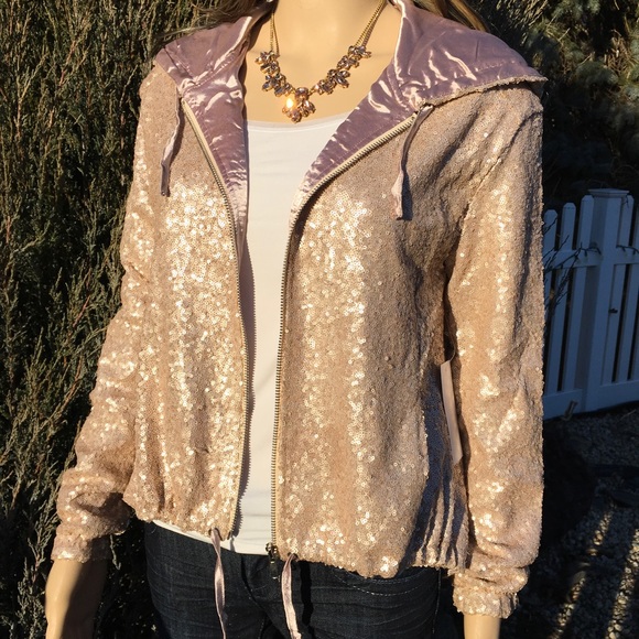 SALE BLUSH SEQUIN SATIN LINED HOODED JACKET - Picture 3 of 8