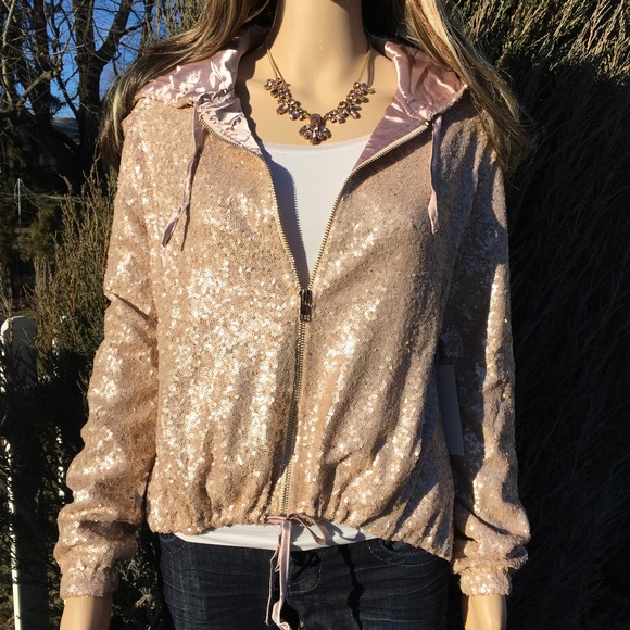 SALE BLUSH SEQUIN SATIN LINED HOODED JACKET - Picture 8 of 8