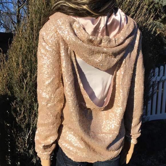 SALE BLUSH SEQUIN SATIN LINED HOODED JACKET - Picture 6 of 8