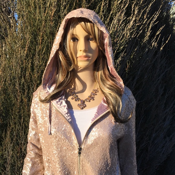 SALE BLUSH SEQUIN SATIN LINED HOODED JACKET - Picture 2 of 8