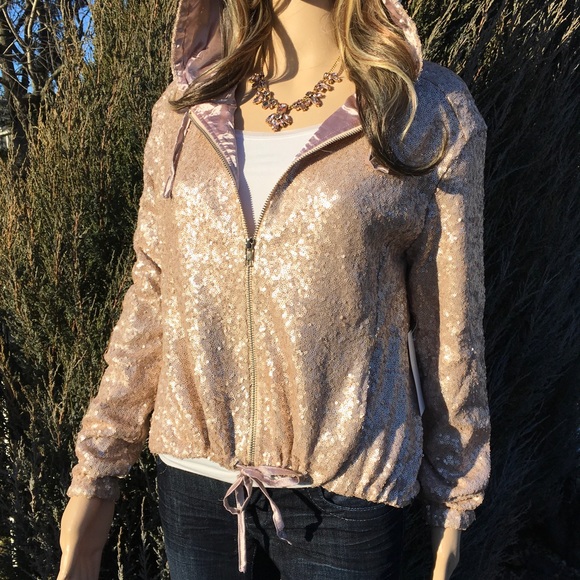 SALE BLUSH SEQUIN SATIN LINED HOODED JACKET - Picture 4 of 8