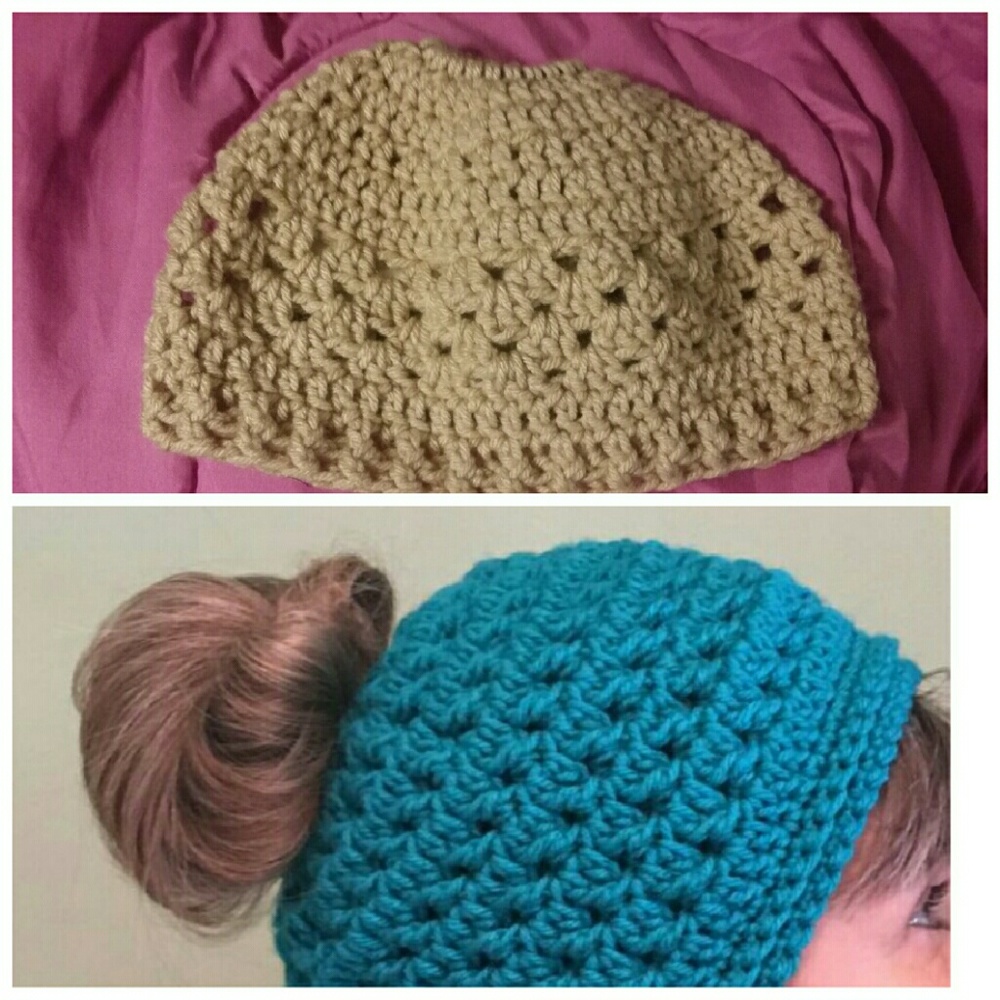 Tan Messy Bun Beanie