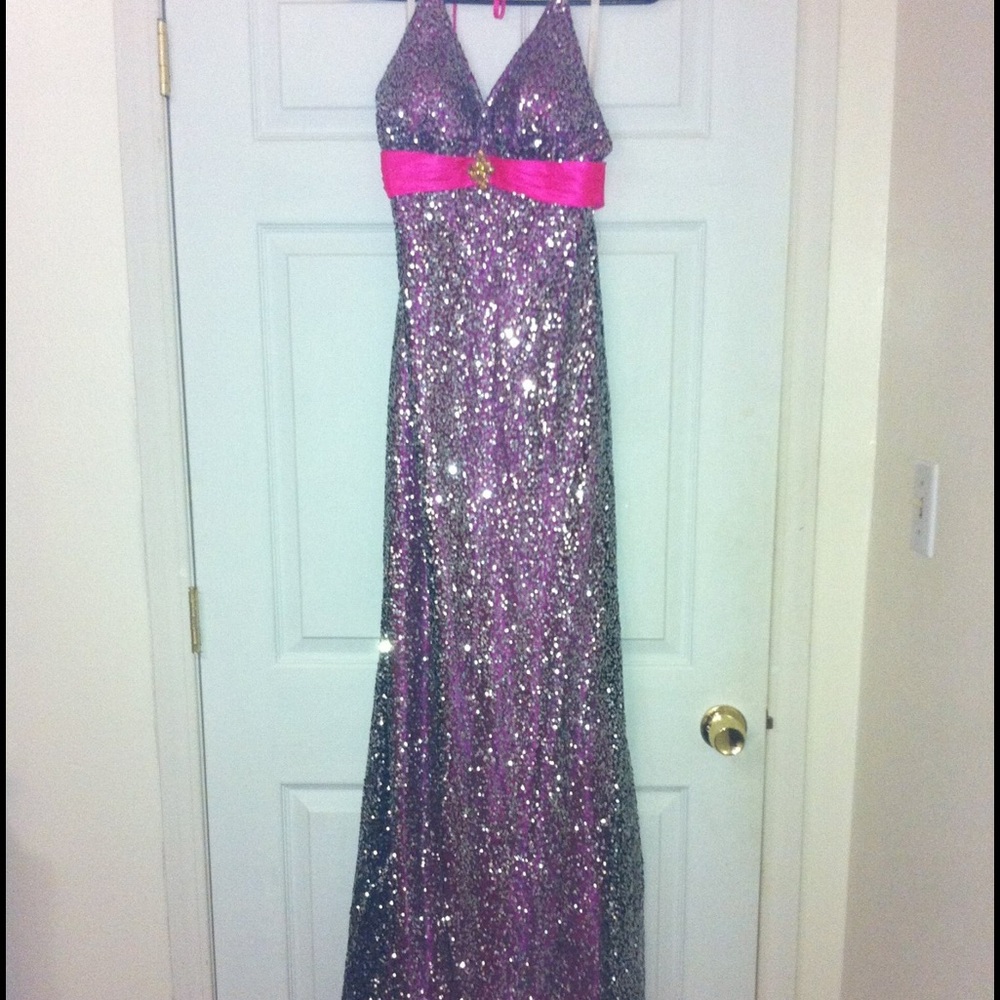 Precious Formals hot pink / grey sequin dress sz 6
