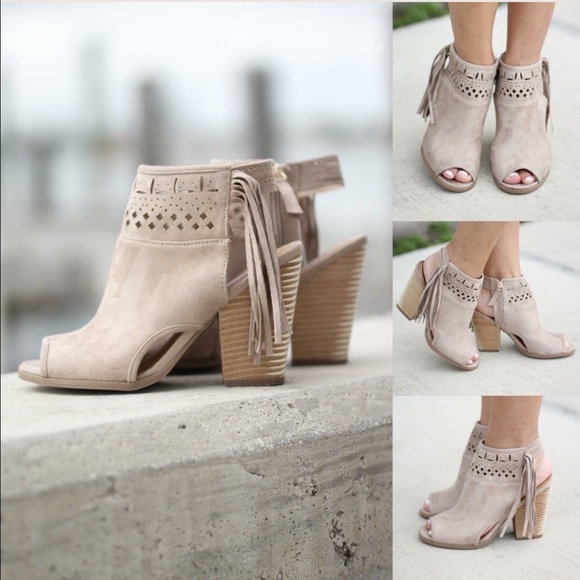Suede Fringe Peep Toe Ankle Booties - Picture 2 of 4