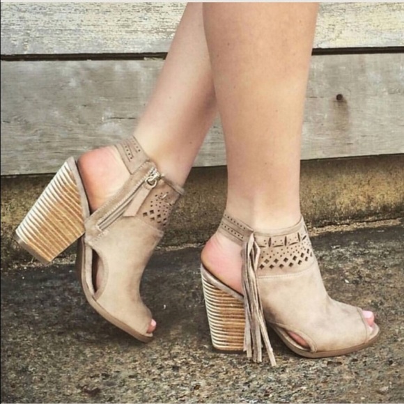 Suede Fringe Peep Toe Ankle Booties - Picture 3 of 4