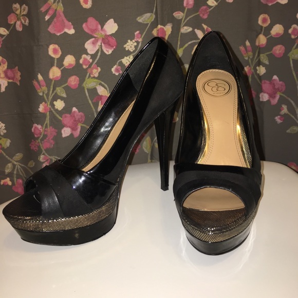 Jessica Simpson Black & Gold Sexy Platform Heels - Picture 1 of 4