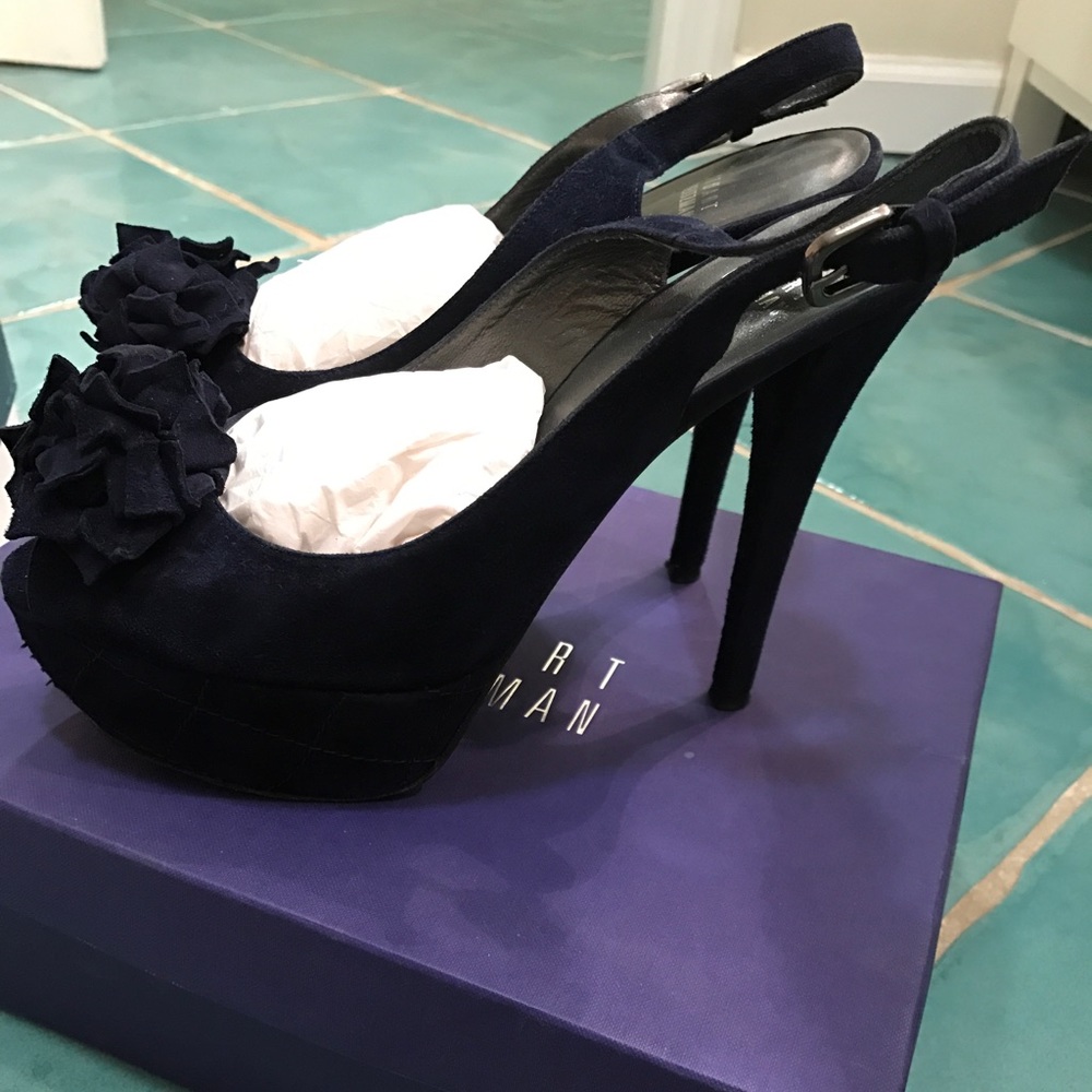 Stuart Weitzman Navy Blue Slingback/Peeptoe Pumps