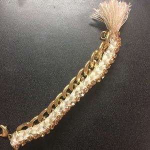 White braided bracelet with gold chain & diamonds