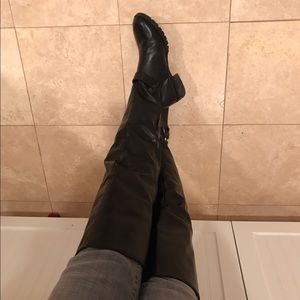 Black thigh high flat boot
