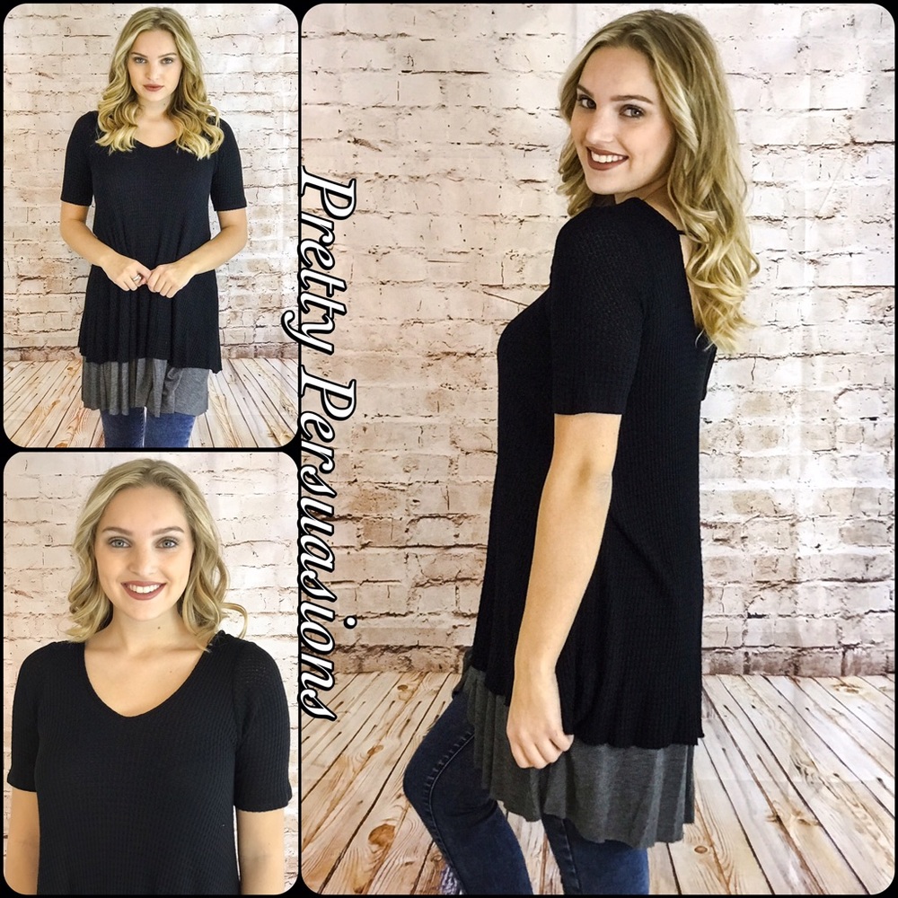 NWT Black Tired Hem Waffle Knit Thermal Tunic - Picture 2 of 4