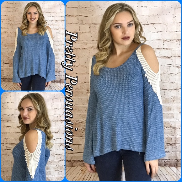 Waffle Knit Crochet Cold Shoulder Bell Sleeve Top - Picture 2 of 4