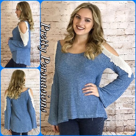 Waffle Knit Crochet Cold Shoulder Bell Sleeve Top - Picture 3 of 4