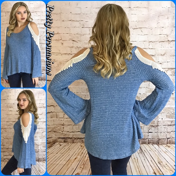 Waffle Knit Crochet Cold Shoulder Bell Sleeve Top - Picture 4 of 4
