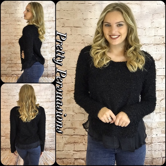 NWT Black Fuzzy Knit Ruffle Hem Sweater - Picture 2 of 4