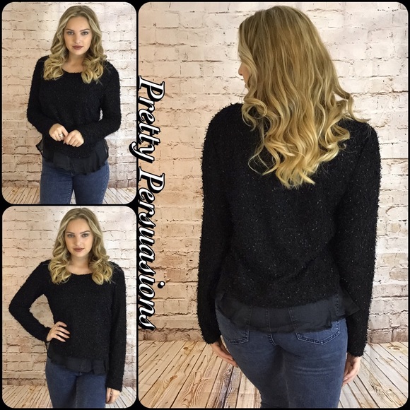 NWT Black Fuzzy Knit Ruffle Hem Sweater - Picture 3 of 4