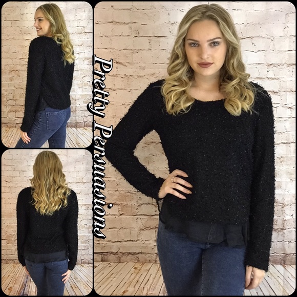 NWT Black Fuzzy Knit Ruffle Hem Sweater - Picture 4 of 4