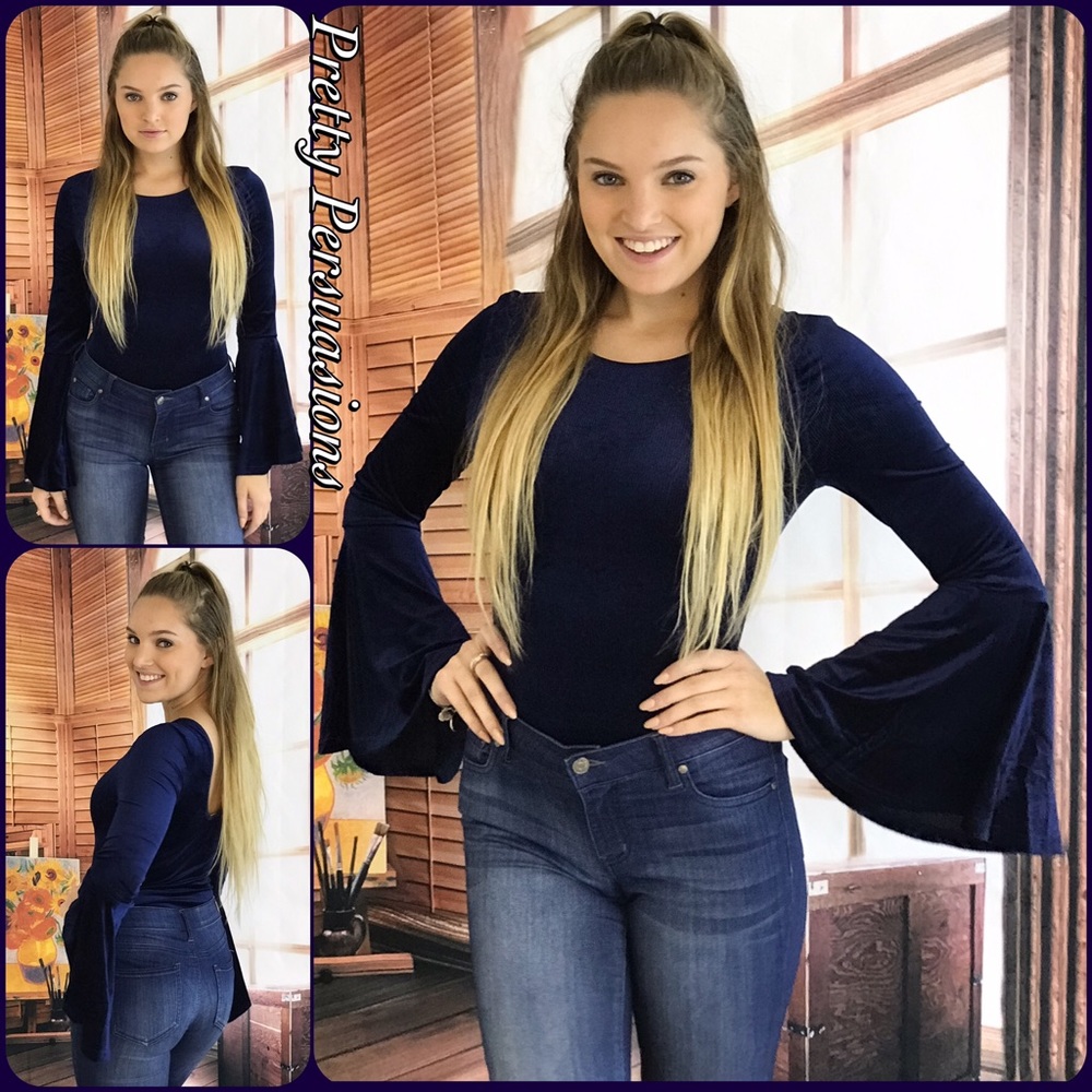 SOLD OUT‼️ NWT Navy Velvet Bell Sleeve Bodysuit - Picture 6 of 8